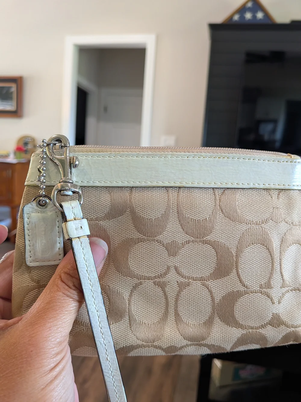 Coach Beige Signature Canvas Wristlet with White Leather Trim